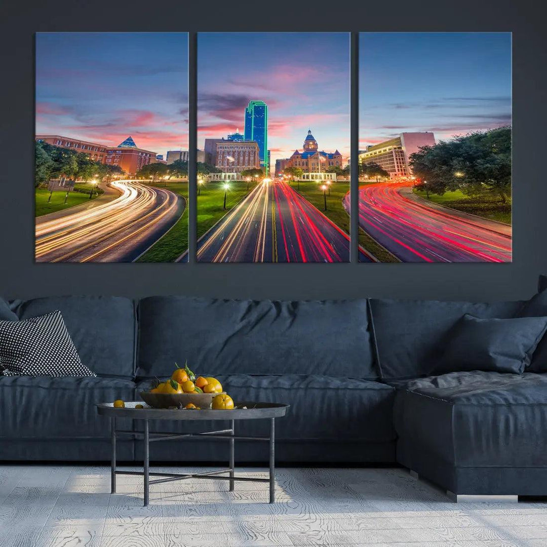 Dallas City Street Lights Sunset Skyline Print Cityscape Canvas Wall Decor