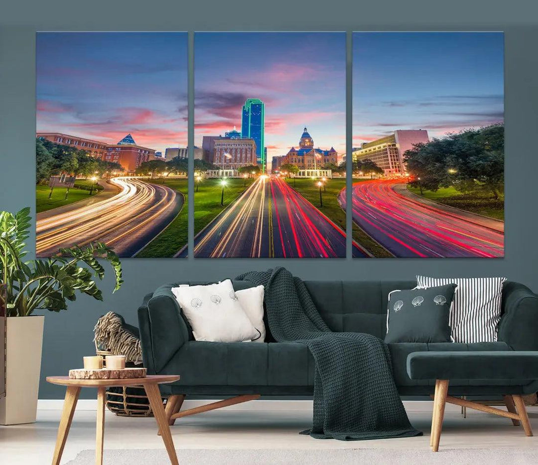 Dallas City Street Lights Sunset Skyline Print Cityscape Canvas Wall Decor