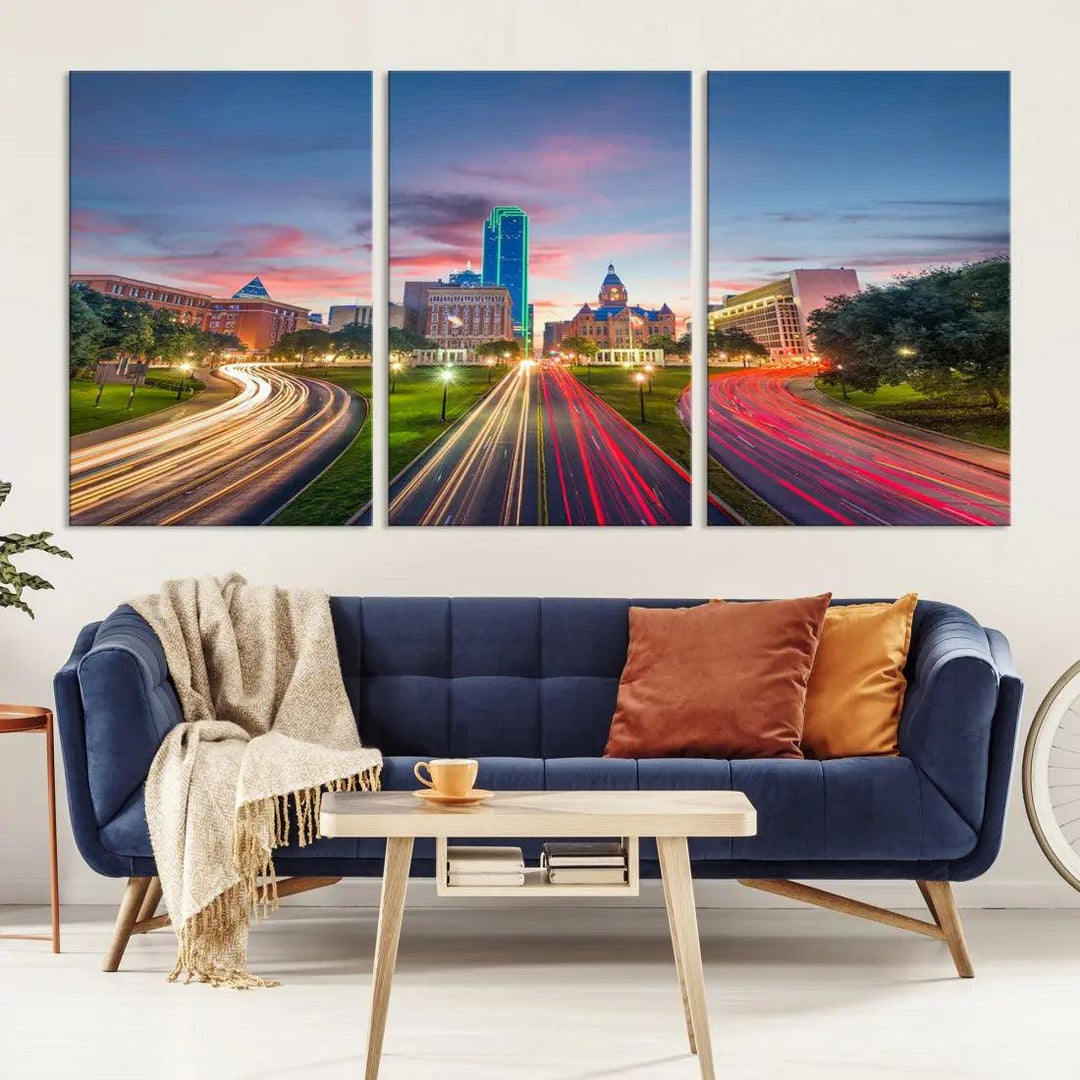 Dallas City Street Lights Sunset Skyline Print Cityscape Canvas Wall Decor