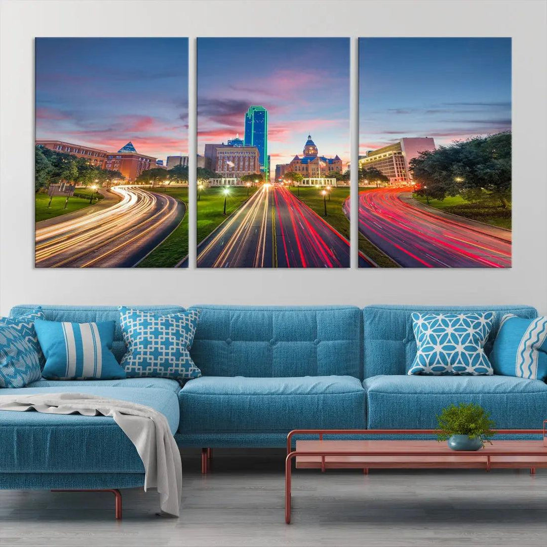 Dallas City Street Lights Sunset Skyline Print Cityscape Canvas Wall Decor