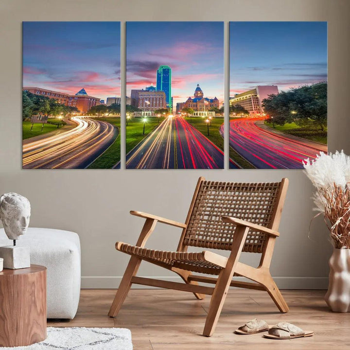 Dallas City Street Lights Sunset Skyline Print Cityscape Canvas Wall Decor