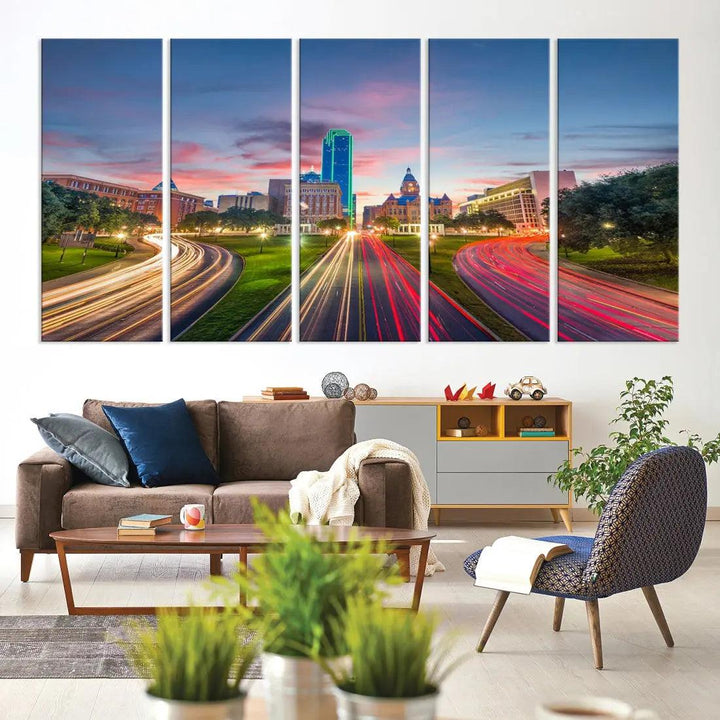 Dallas City Street Lights Sunset Skyline Print Cityscape Canvas Wall Decor