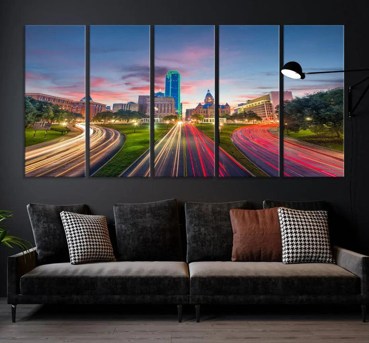 Dallas City Street Lights Sunset Skyline Print Cityscape Canvas Wall Decor