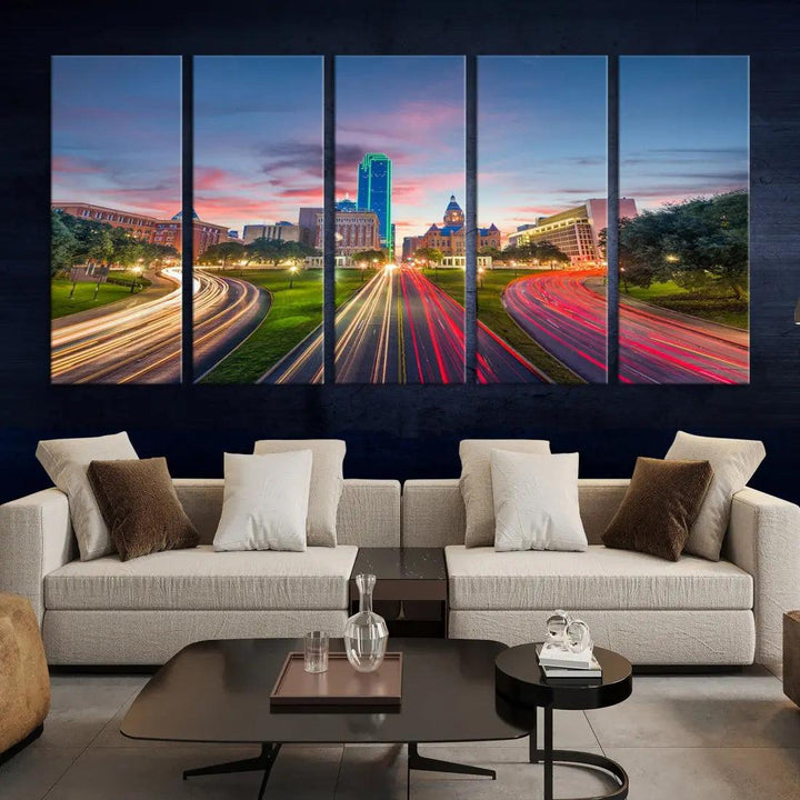 Dallas City Street Lights Sunset Skyline Print Cityscape Canvas Wall Decor