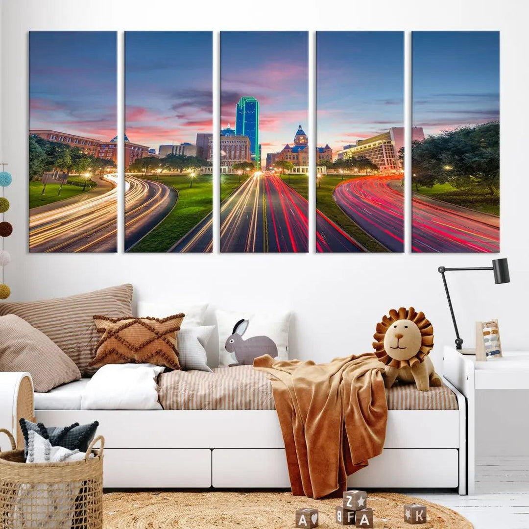 Dallas City Street Lights Sunset Skyline Print Cityscape Canvas Wall Decor