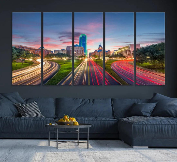 Dallas City Street Lights Sunset Skyline Print Cityscape Canvas Wall Decor