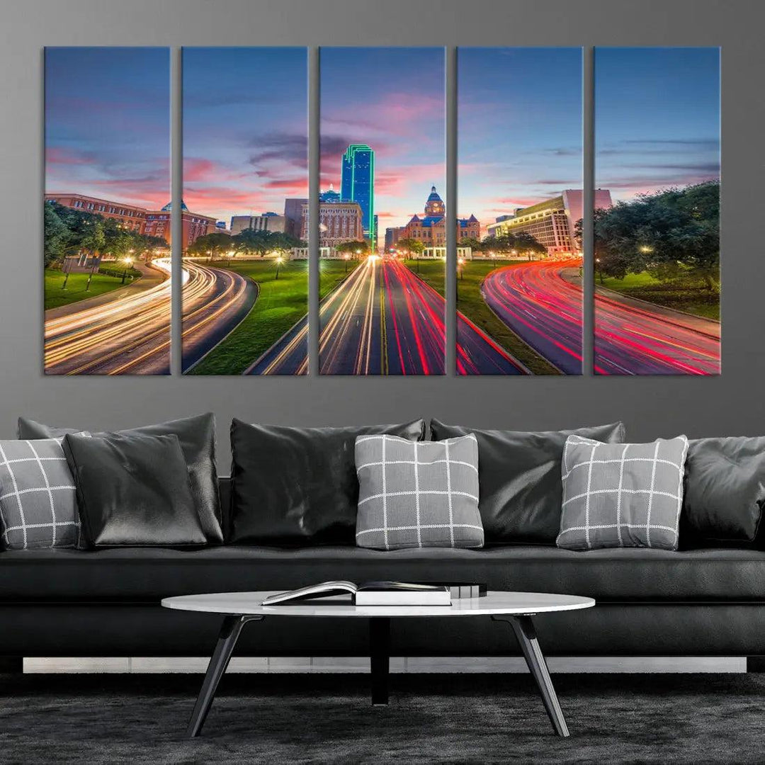 Dallas City Street Lights Sunset Skyline Print Cityscape Canvas Wall Decor