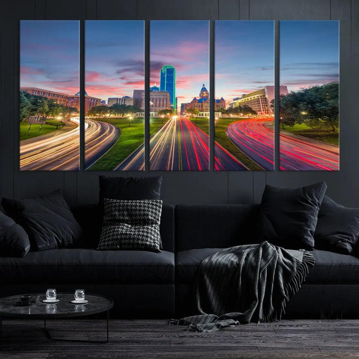 Dallas City Street Lights Sunset Skyline Print Cityscape Canvas Wall Decor