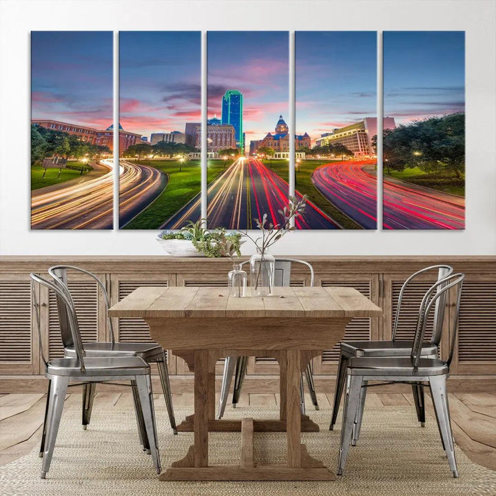 Dallas City Street Lights Sunset Skyline Print Cityscape Canvas Wall Decor