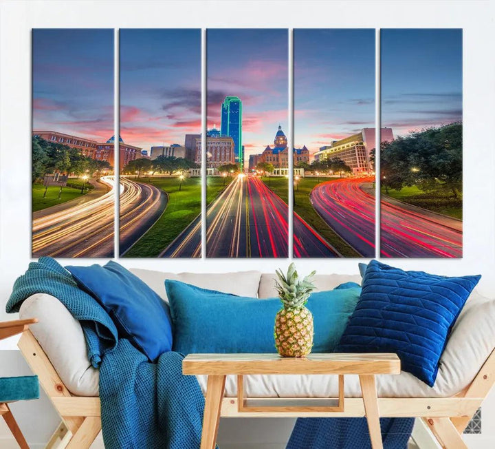 Dallas City Street Lights Sunset Skyline Print Cityscape Canvas Wall Decor