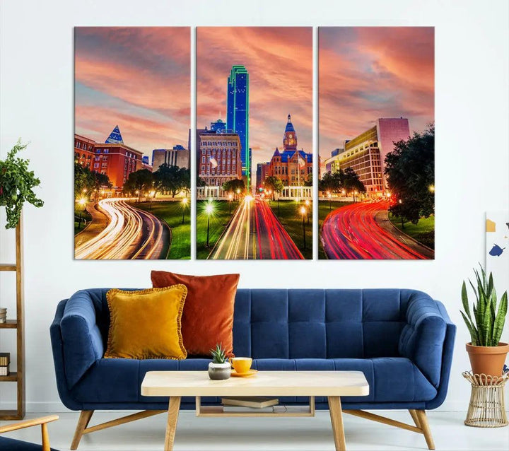 Dallas City Traffic Lights Sunset Skyline Cityscape Large Wall Art Canvas Print