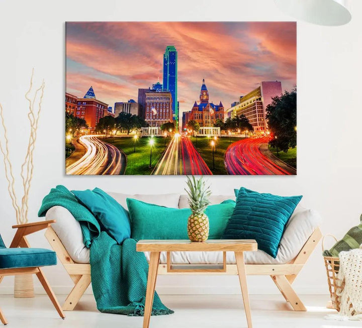 Dallas City Traffic Lights Sunset Skyline Cityscape Large Wall Art Canvas Print