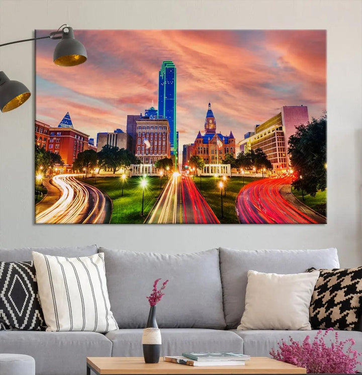 Dallas City Traffic Lights Sunset Skyline Cityscape Large Wall Art Canvas Print