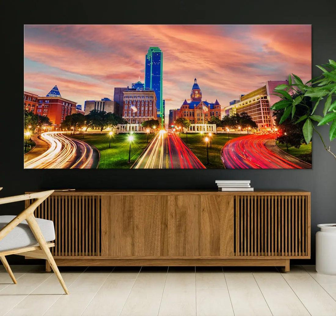 Dallas City Traffic Lights Sunset Skyline Cityscape Large Wall Art Canvas Print