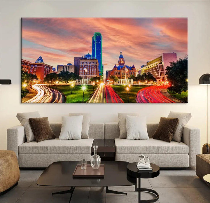 Dallas City Traffic Lights Sunset Skyline Cityscape Large Wall Art Canvas Print