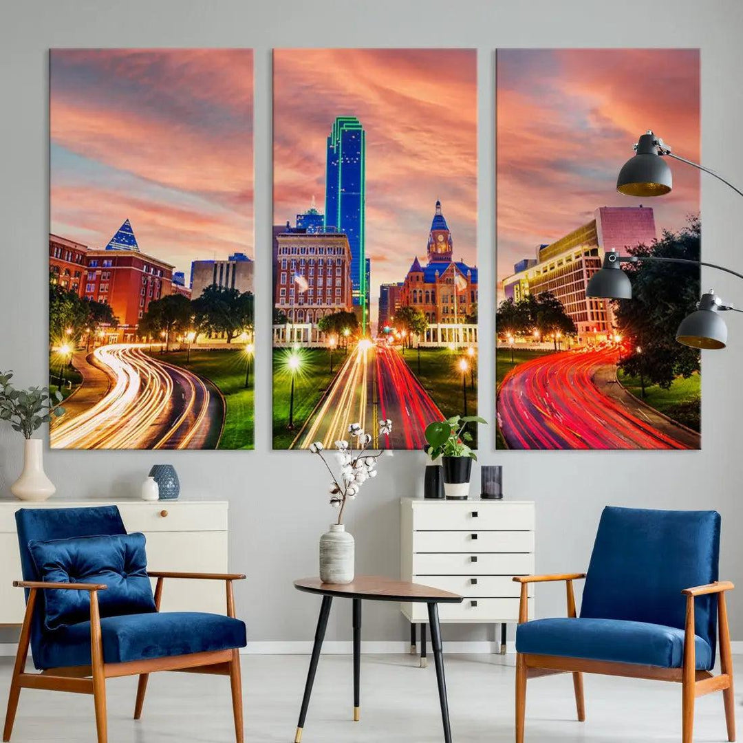 Dallas City Traffic Lights Sunset Skyline Cityscape Large Wall Art Canvas Print