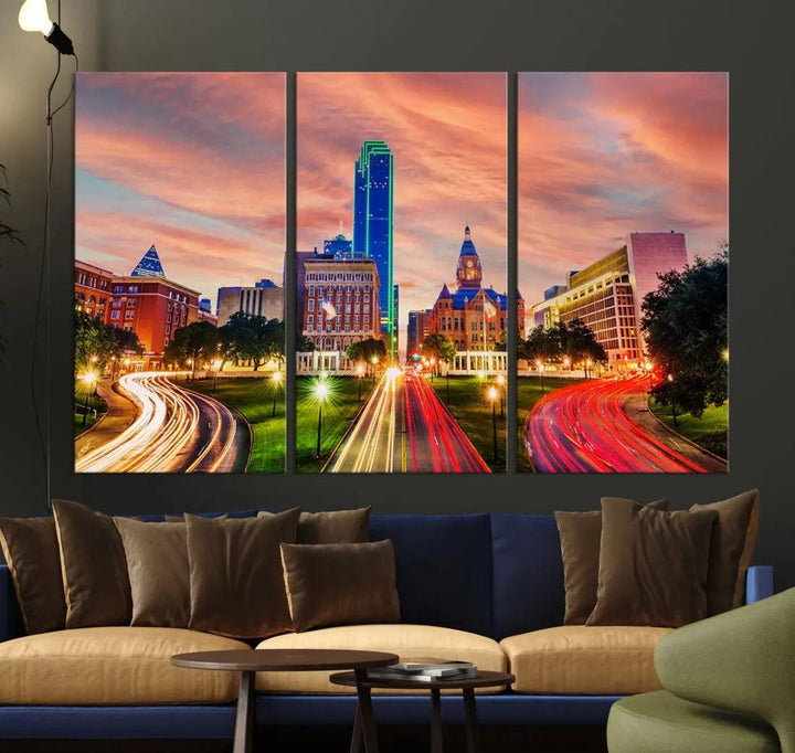 Dallas City Traffic Lights Sunset Skyline Cityscape Large Wall Art Canvas Print