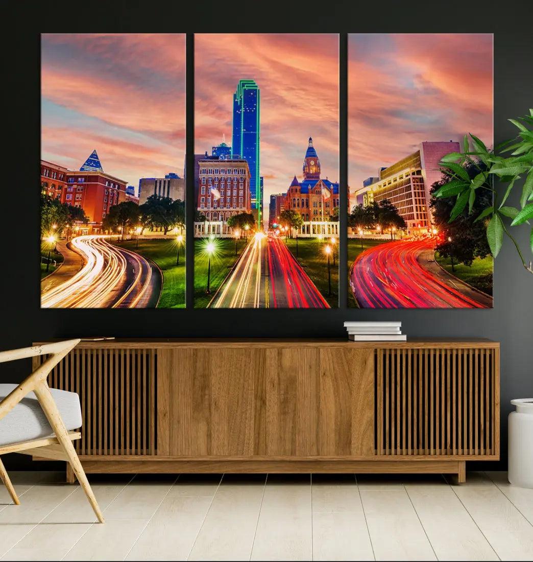 Dallas City Traffic Lights Sunset Skyline Cityscape Large Wall Art Canvas Print