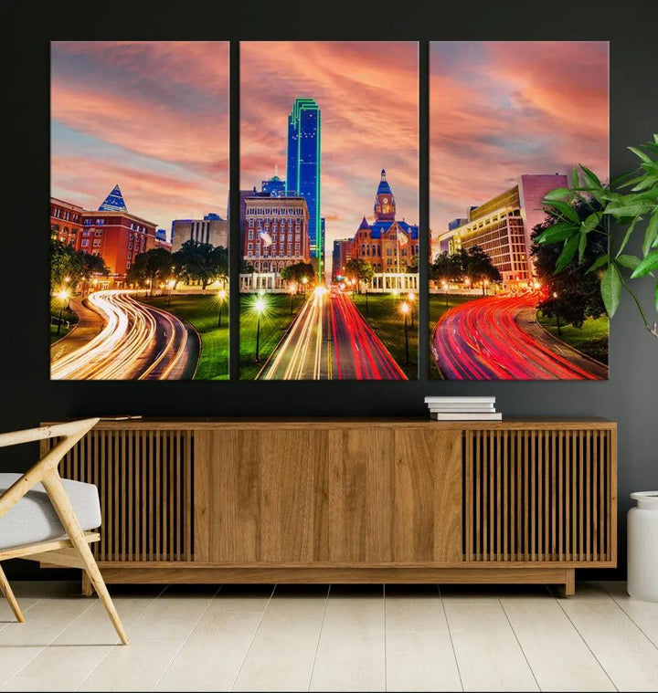 Dallas City Traffic Lights Sunset Skyline Cityscape Large Wall Art Canvas Print