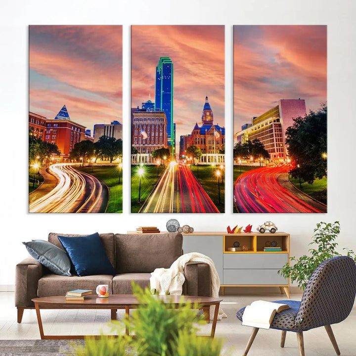 Dallas City Traffic Lights Sunset Skyline Cityscape Large Wall Art Canvas Print