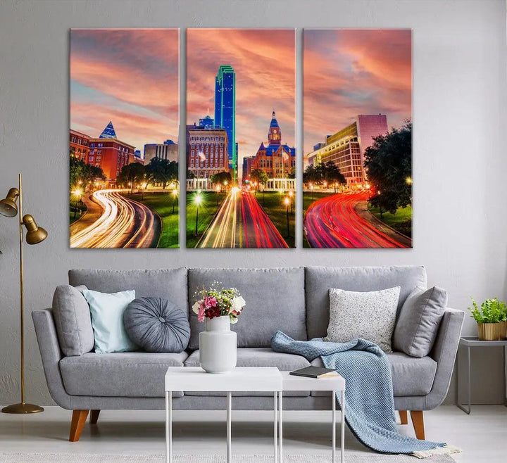 Dallas City Traffic Lights Sunset Skyline Cityscape Large Wall Art Canvas Print