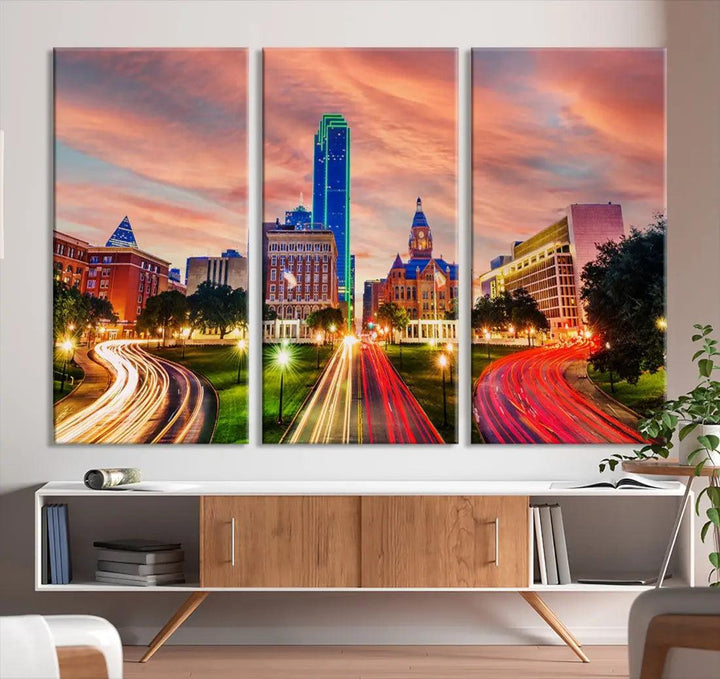 Dallas City Traffic Lights Sunset Skyline Cityscape Large Wall Art Canvas Print