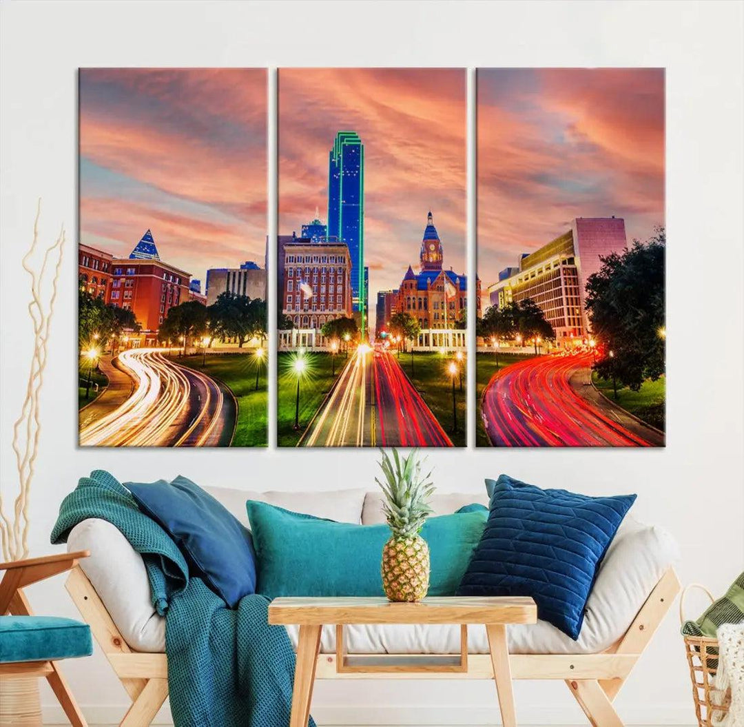 Dallas City Traffic Lights Sunset Skyline Cityscape Large Wall Art Canvas Print