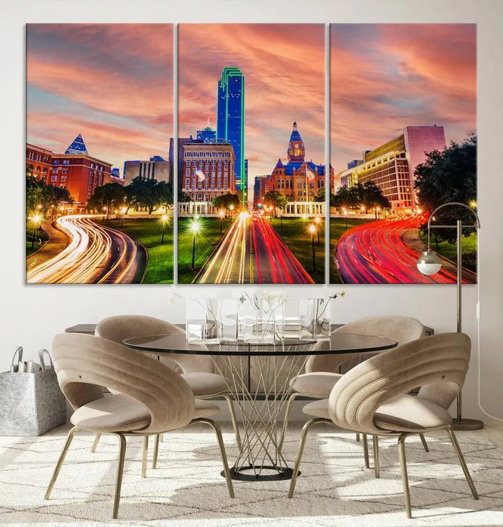 Dallas City Traffic Lights Sunset Skyline Cityscape Large Wall Art Canvas Print