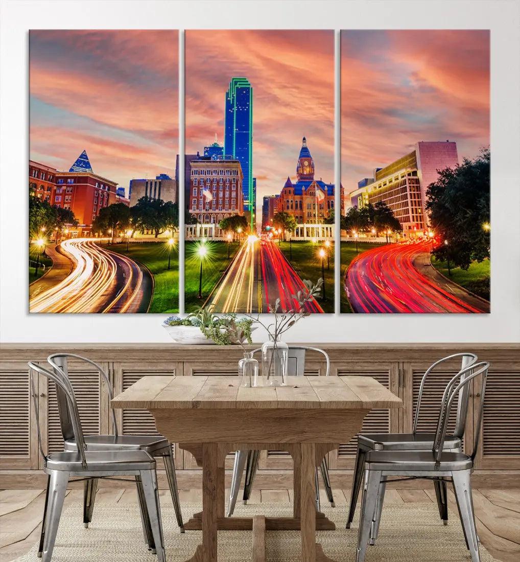 Dallas City Traffic Lights Sunset Skyline Cityscape Large Wall Art Canvas Print