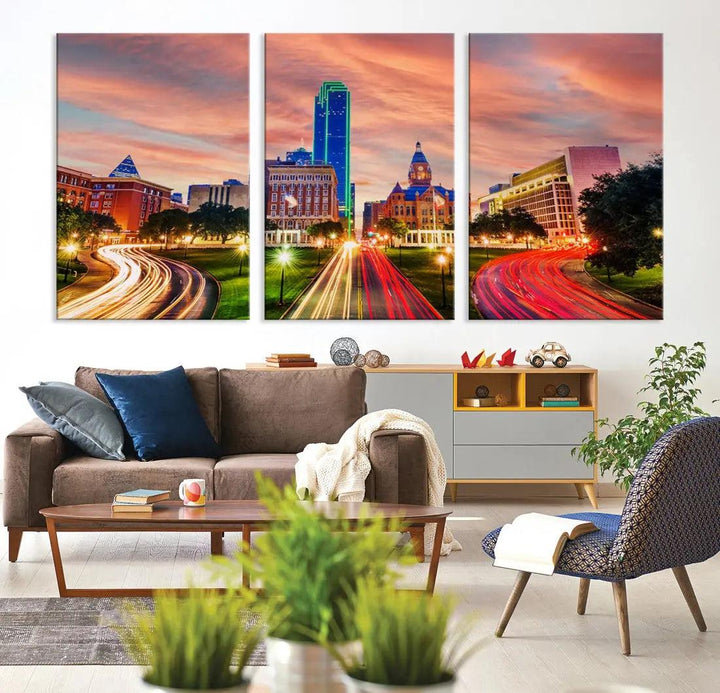 Dallas City Traffic Lights Sunset Skyline Cityscape Large Wall Art Canvas Print