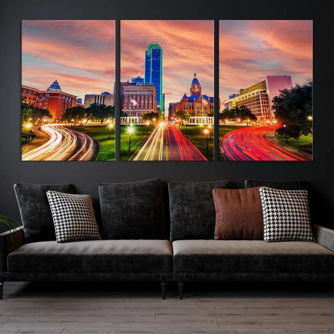 Dallas City Traffic Lights Sunset Skyline Cityscape Large Wall Art Canvas Print