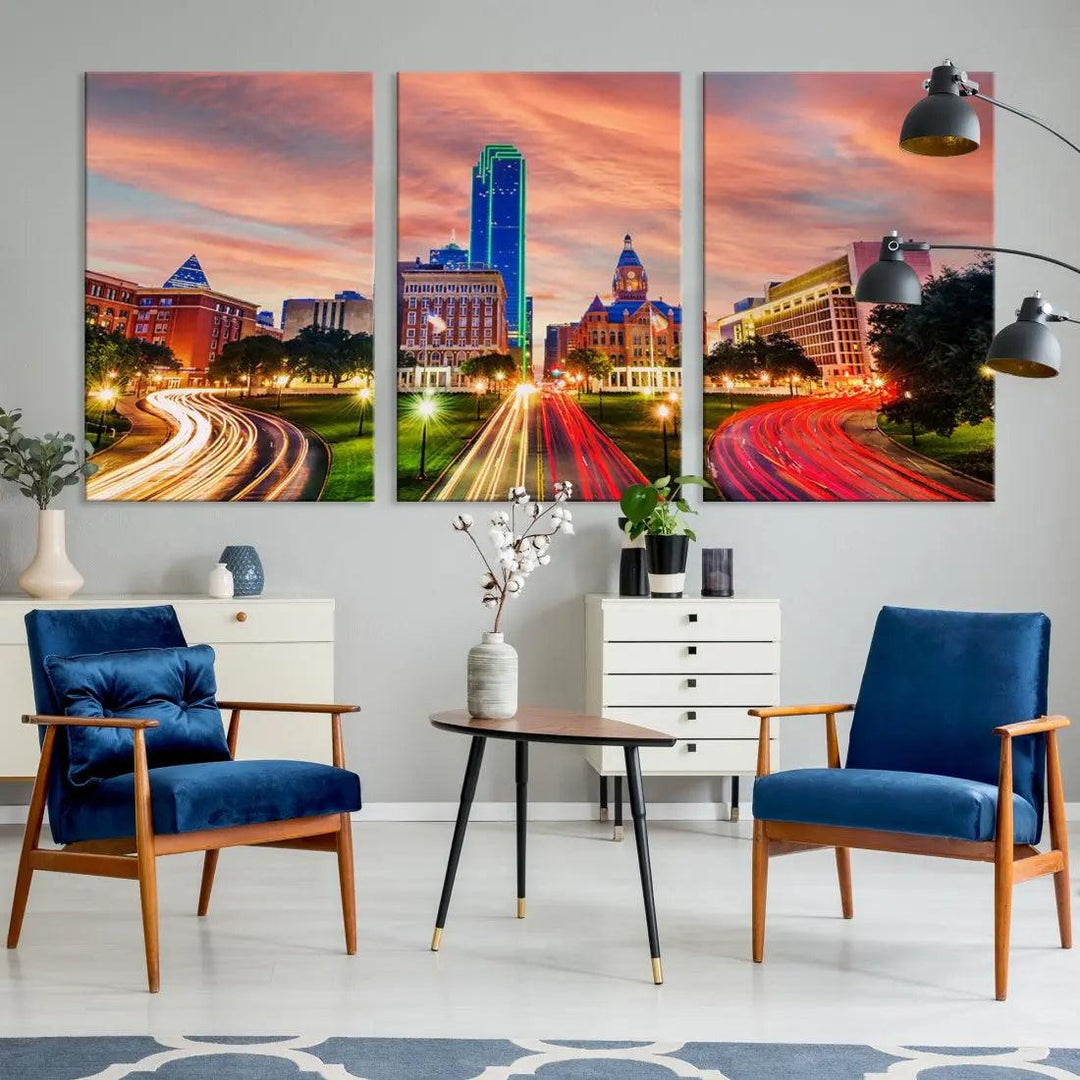 Dallas City Traffic Lights Sunset Skyline Cityscape Large Wall Art Canvas Print