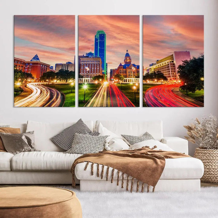 Dallas City Traffic Lights Sunset Skyline Cityscape Large Wall Art Canvas Print