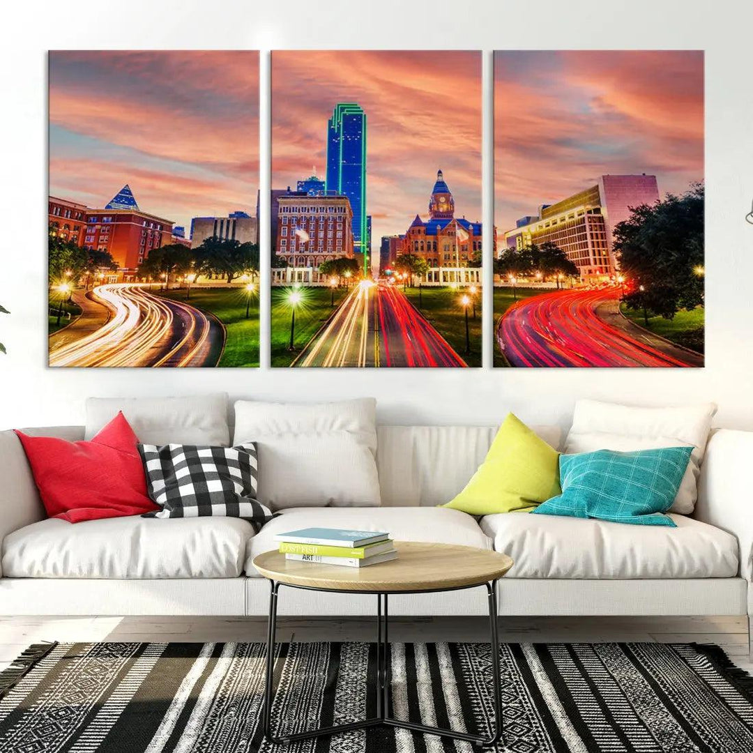 Dallas City Traffic Lights Sunset Skyline Cityscape Large Wall Art Canvas Print