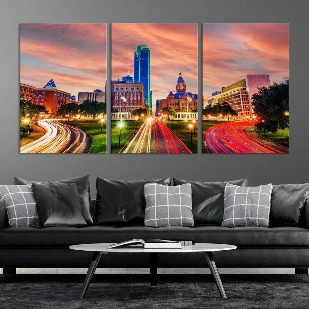 Dallas City Traffic Lights Sunset Skyline Cityscape Large Wall Art Canvas Print