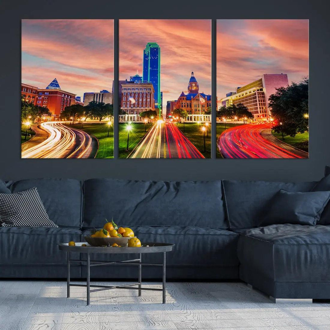 Dallas City Traffic Lights Sunset Skyline Cityscape Large Wall Art Canvas Print