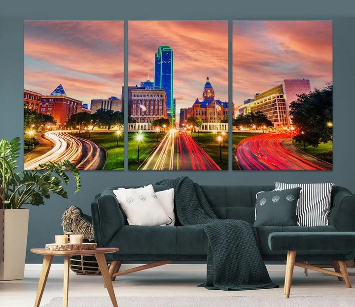 Dallas City Traffic Lights Sunset Skyline Cityscape Large Wall Art Canvas Print