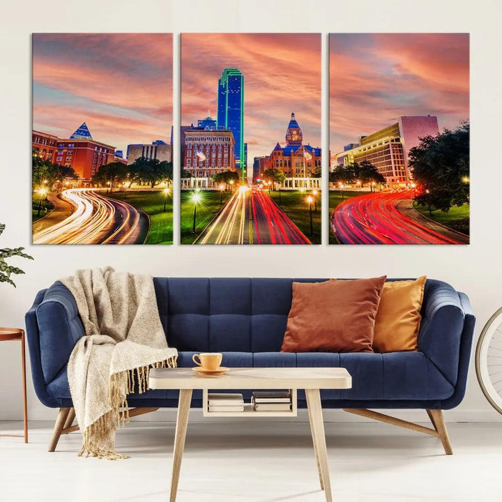 Dallas City Traffic Lights Sunset Skyline Cityscape Large Wall Art Canvas Print