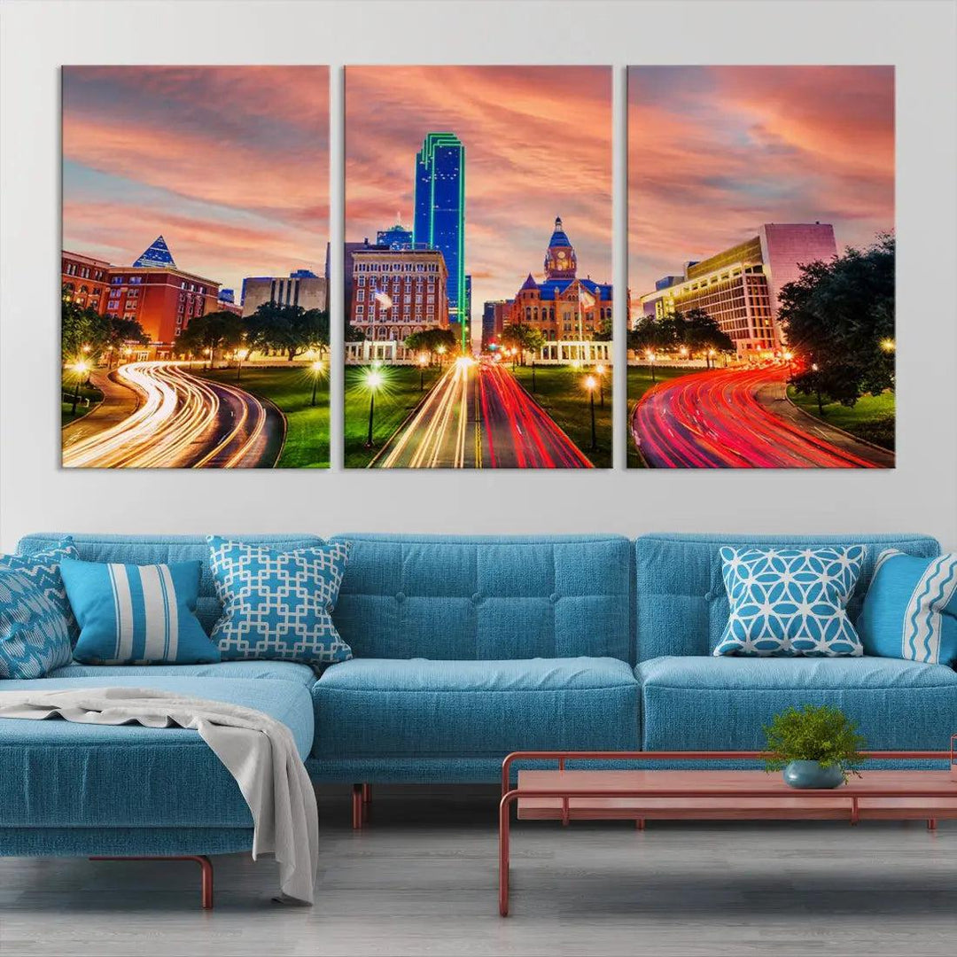 Dallas City Traffic Lights Sunset Skyline Cityscape Large Wall Art Canvas Print