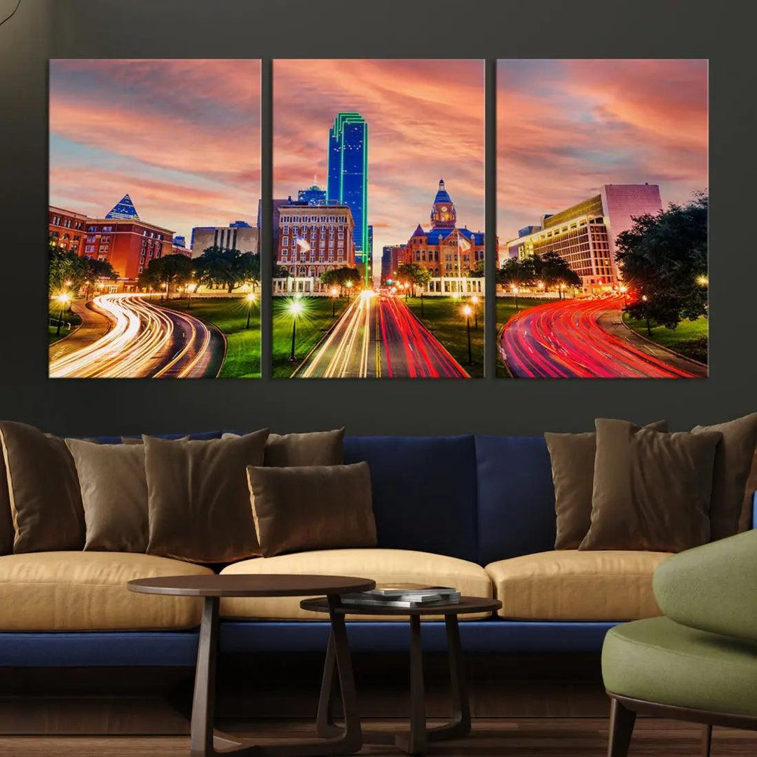 Dallas City Traffic Lights Sunset Skyline Cityscape Large Wall Art Canvas Print