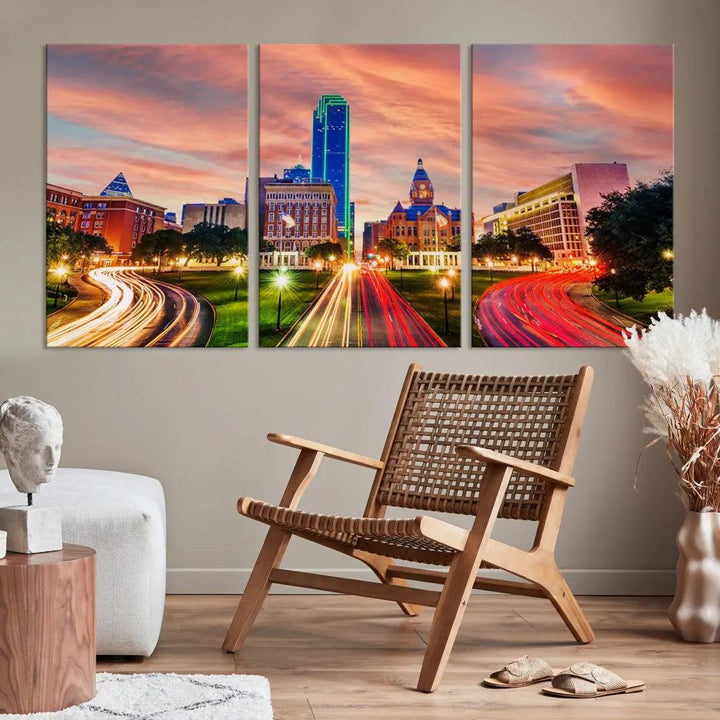 Dallas City Traffic Lights Sunset Skyline Cityscape Large Wall Art Canvas Print