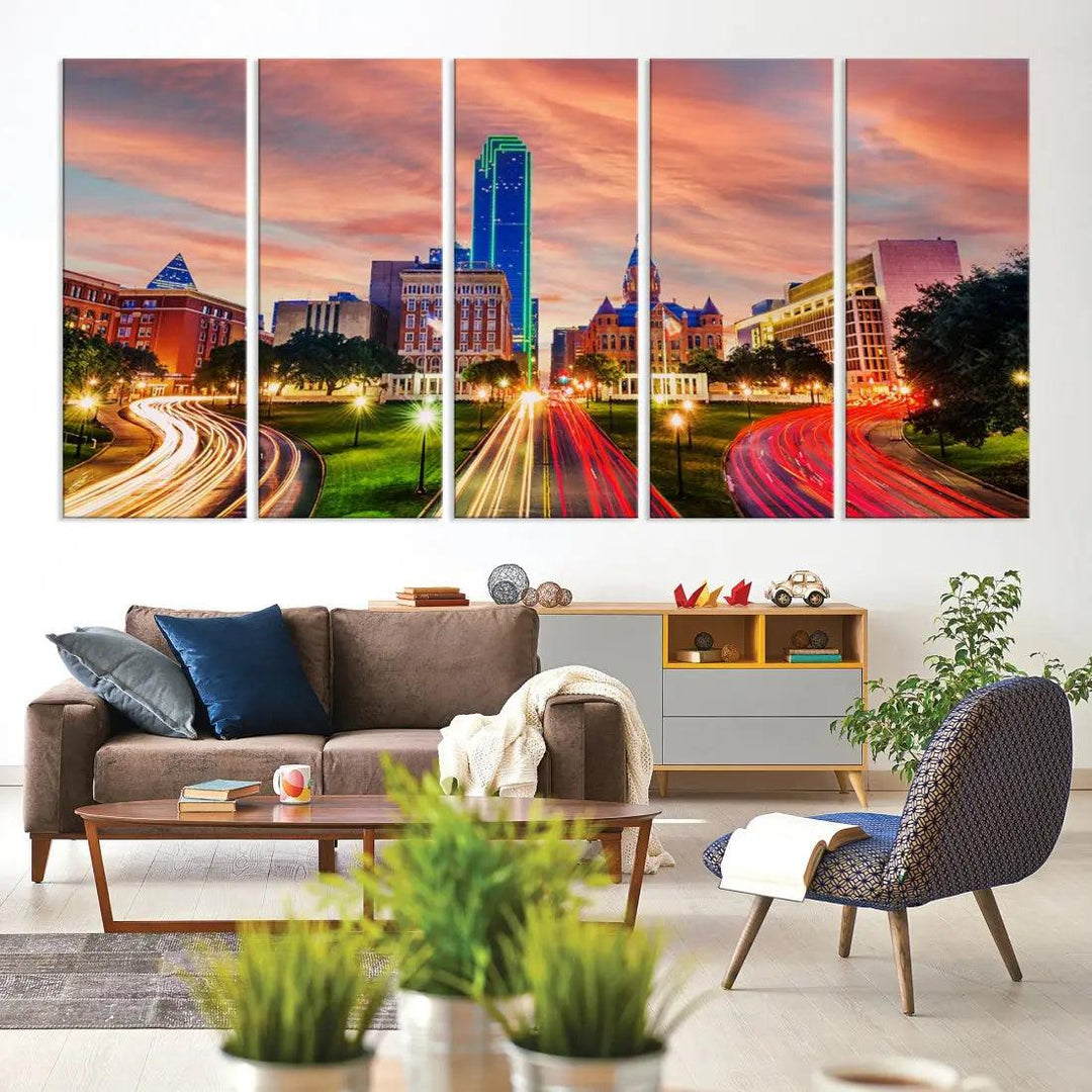 Dallas City Traffic Lights Sunset Skyline Cityscape Large Wall Art Canvas Print