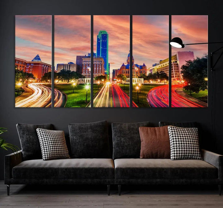 Dallas City Traffic Lights Sunset Skyline Cityscape Large Wall Art Canvas Print