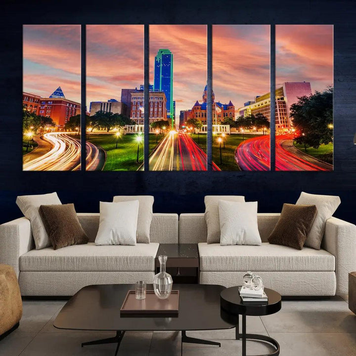 Dallas City Traffic Lights Sunset Skyline Cityscape Large Wall Art Canvas Print