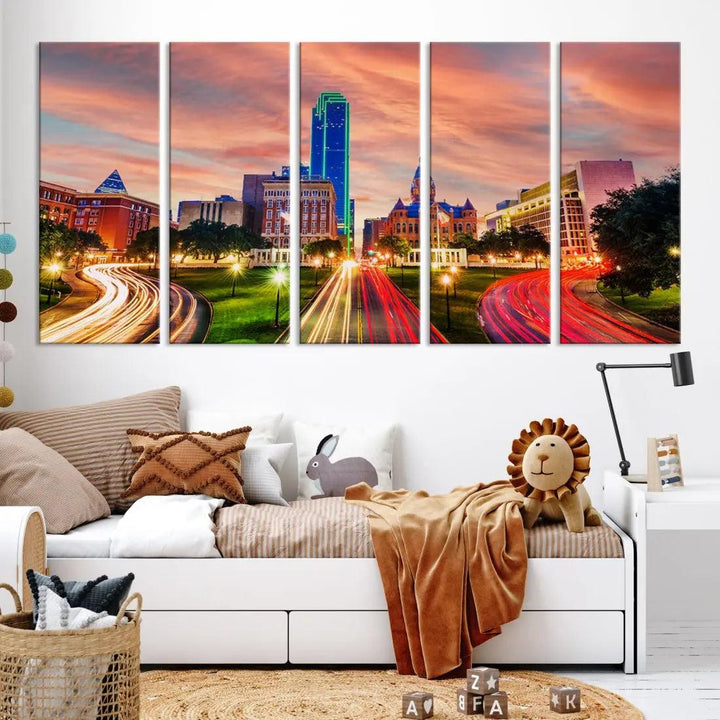 Dallas City Traffic Lights Sunset Skyline Cityscape Large Wall Art Canvas Print