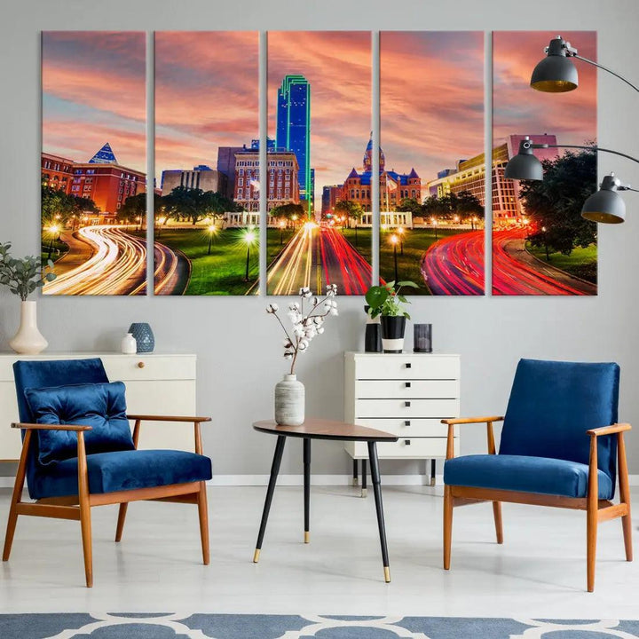 Dallas City Traffic Lights Sunset Skyline Cityscape Large Wall Art Canvas Print