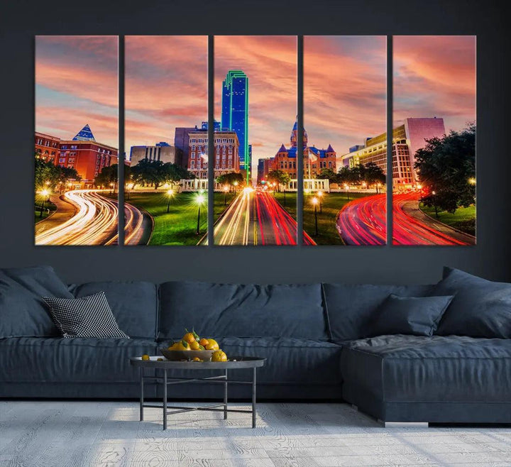 Dallas City Traffic Lights Sunset Skyline Cityscape Large Wall Art Canvas Print