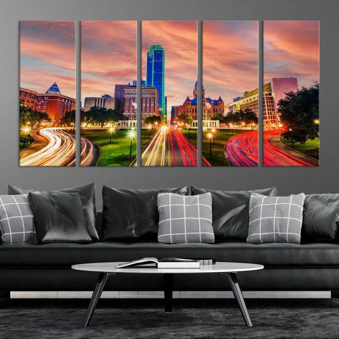 Dallas City Traffic Lights Sunset Skyline Cityscape Large Wall Art Canvas Print