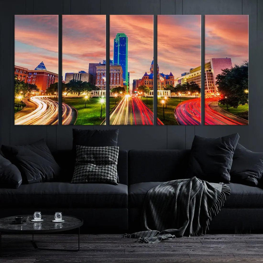 Dallas City Traffic Lights Sunset Skyline Cityscape Large Wall Art Canvas Print