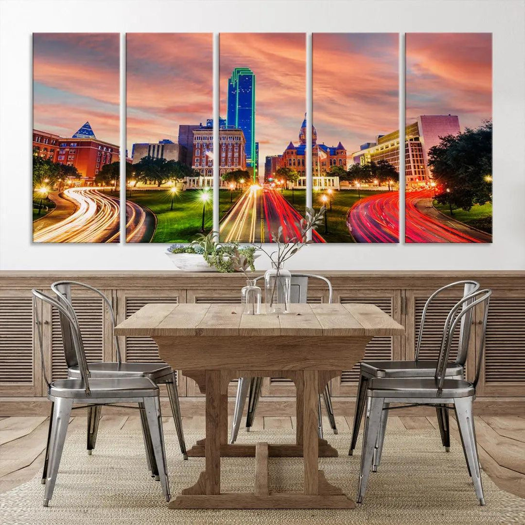 Dallas City Traffic Lights Sunset Skyline Cityscape Large Wall Art Canvas Print